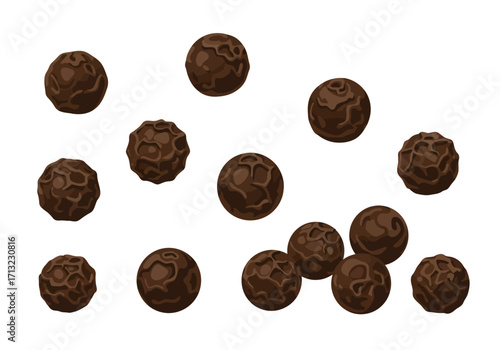 Scattered dark brown peppercorns with textured surfaces on a white background