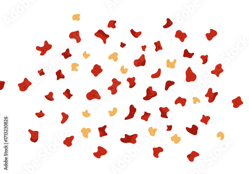 Scattered red  yellow blotchesshapes various sizes randomly placed on a white backdrop