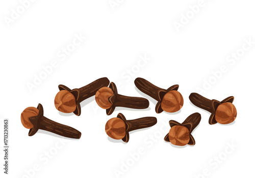 Seven brown clove spices scattered across a plain white background