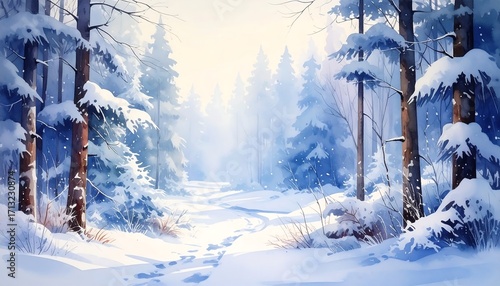 Fototapeta Naklejka Na Ścianę i Meble -  A serene winter forest scene, painted with soft blues and whites, showcases a snow-covered path leading through a tranquil, frosted landscape.