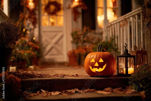 Smiling Carved Jack-o-Lantern Pumpkin Pumpkins Halloween Trick or Treating House Candle Orange Holiday Decoration Background Wallpaper