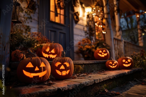 Smiling Carved Jack-o-Lantern Pumpkin Pumpkins Halloween Trick or Treating House Candle Orange Holiday Decoration Background Wallpaper