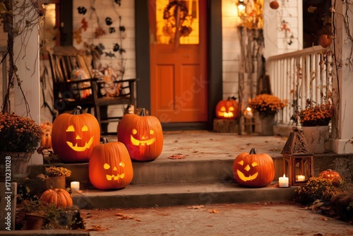 Smiling Carved Jack-o-Lantern Pumpkin Pumpkins Halloween Trick or Treating House Candle Orange Holiday Decoration Background Wallpaper
