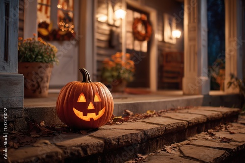 Smiling Carved Jack-o-Lantern Pumpkin Pumpkins Halloween Trick or Treating House Candle Orange Holiday Decoration Background Wallpaper