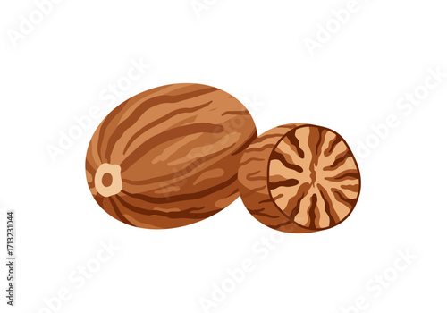 Two nutmeg seeds one whole and one sliced revealing the inner pattern