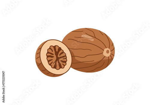 Two nutmegs one whole and one cut in half with light brown and tan colors