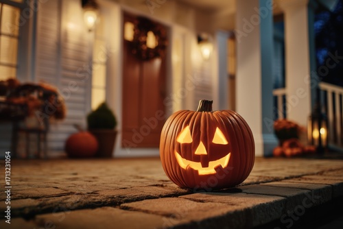 Smiling Carved Jack-o-Lantern Pumpkin Pumpkins Halloween Trick or Treating House Candle Orange Holiday Decoration Background Wallpaper