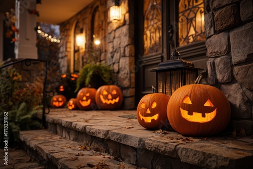 Smiling Carved Jack-o-Lantern Pumpkin Pumpkins Halloween Trick or Treating House Candle Orange Holiday Decoration Background Wallpaper