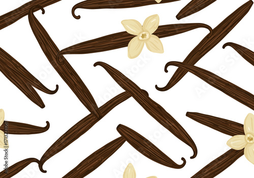 Vanilla beans and flowers are scattered across a white surface in an allover repeating pattern