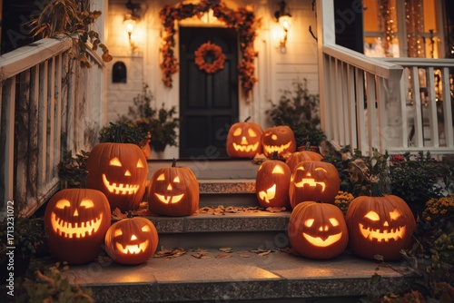 Smiling Carved Jack-o-Lantern Pumpkin Pumpkins Halloween Trick or Treating House Candle Orange Holiday Decoration Background Wallpaper
