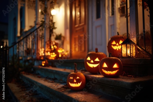 Smiling Carved Jack-o-Lantern Pumpkin Pumpkins Halloween Trick or Treating House Candle Orange Holiday Decoration Background Wallpaper