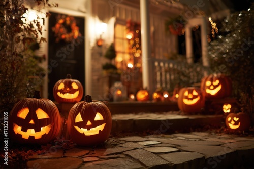 Smiling Carved Jack-o-Lantern Pumpkin Pumpkins Halloween Trick or Treating House Candle Orange Holiday Decoration Background Wallpaper