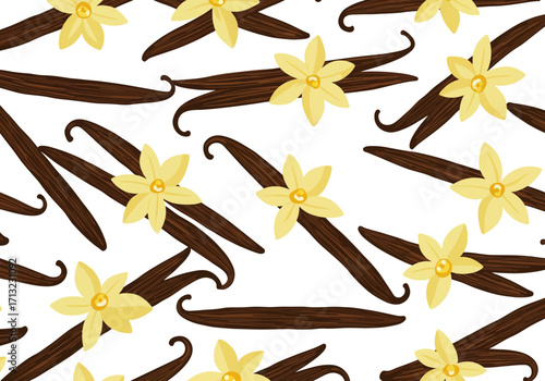Vanilla beans  flowers Yellow flowers paired with dark brown pods on a white background arranged in a pattern