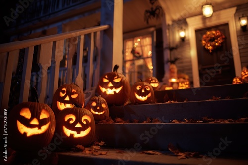 Smiling Carved Jack-o-Lantern Pumpkin Pumpkins Halloween Trick or Treating House Candle Orange Holiday Decoration Background Wallpaper