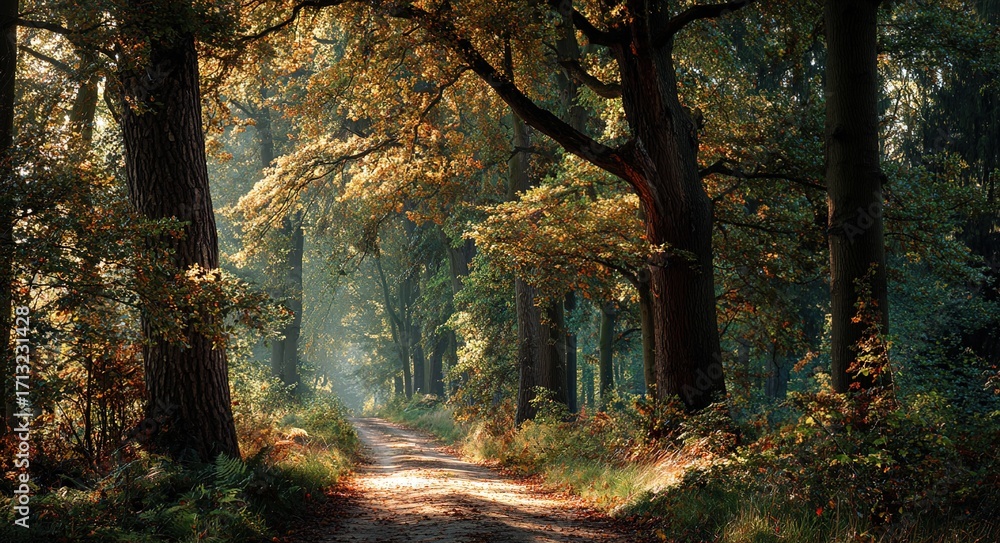 Fototapeta premium Serene forest pathway during autumn with sunlit trees. High quality