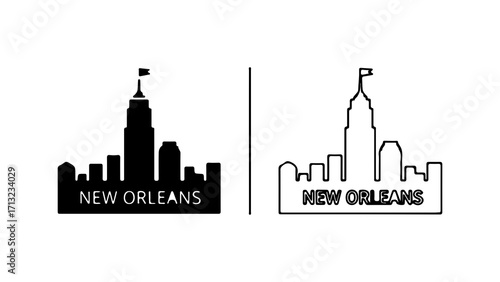 New Orleans Skyline Silhouette and Outline Vector Illustration 1.