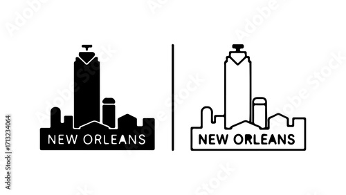New Orleans skyline silhouette in black and white vector art.