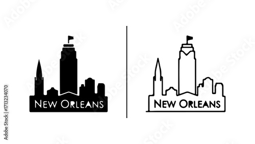 New Orleans skyline silhouette with iconic buildings and city name below.
