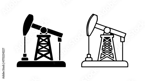 Oil pump jack icon set black silhouette and outline style.