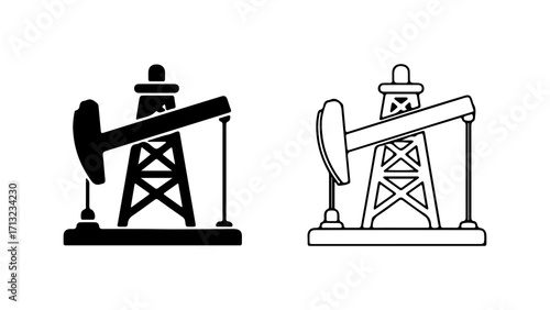 Oil pump jack icon set black and white industrial equipment.