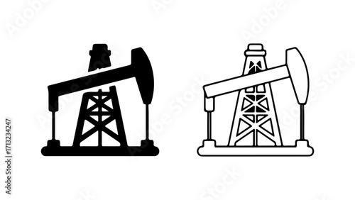 Oil Pumpjack Icons in Silhouette and Outline Styles.
