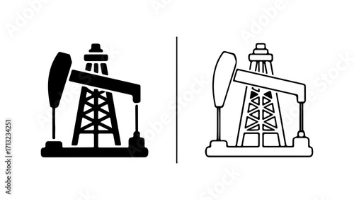 Oil Pumpjack Icons in Solid and Outline Vector Styles.