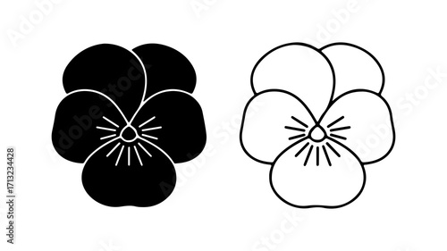 Pansy flower icon set in silhouette and outline style.