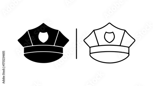 Police hat icon set in solid and outline vector styles.