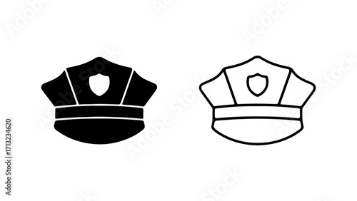 Police hat icons black and white outline.