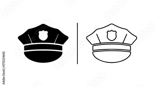Police officer hat icon set in solid and outline styles.