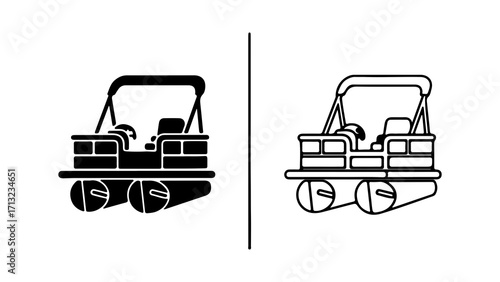 Pontoon Boat Icon Set Black and White Vector Illustration.