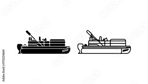 Pontoon boat side view silhouette and line art vector illustration.