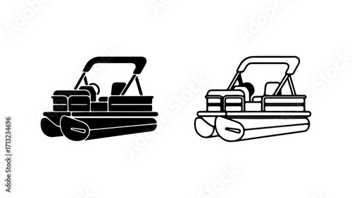 Pontoon Boat Silhouette and Outline Vector Illustrations.