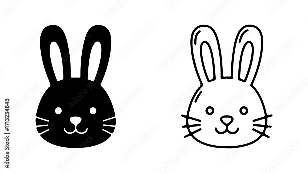 Fototapeta premium Rabbit Head Icons Black Silhouette and Outline Style.