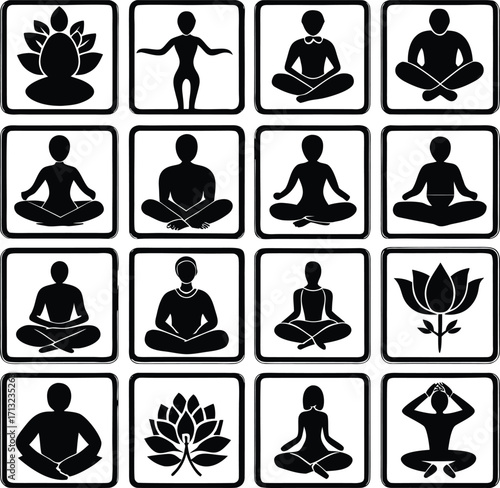 Yoga meditation icons silhouette set zen buddhist spiritual lotus pose figures for wellness and mindfulness