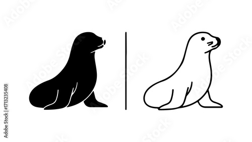 Sea lion illustration in black and white side view minimalist design.