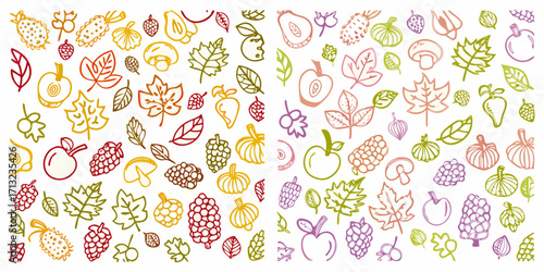 Hand drawn autumn harvest fruits vegetables and leaves pattern on white background