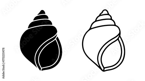 Seashell Illustrations Black Silhouette and Outline of a Spiral Shell.