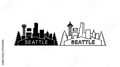 Seattle Cityscape Silhouette and Outline Vector Illustration.