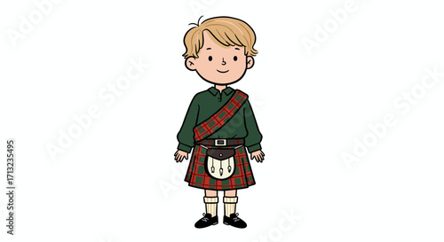Cute cartoon boy wearing traditional Scottish kilt and sporran isolated on white background