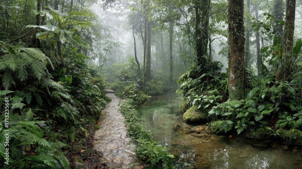 Obraz premium Serene Jungle Pathway Surrounded by Lush Greenery and Misty Atmosphere in Tropical Rainforest