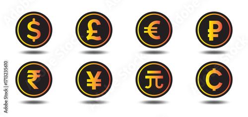 Currency symbol vector icon set with US Dollar, UK Pound, European Euro, Russian Ruble, Indian Rupee, Japanese Yen, Chinese Yuan and cent signs for financial signage, fintech UI, office infographics