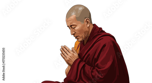 Serene Buddhist monk praying with clasped hands wearing saffron robes isolated on white background