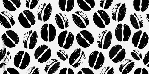 Abstract black coffee bean pattern with a grunge texture on a white background