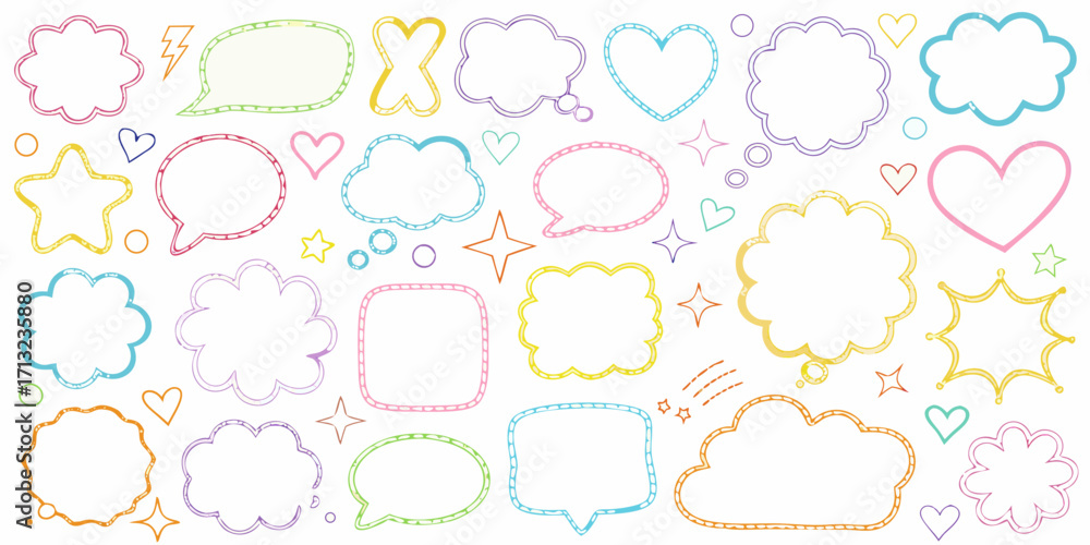 Fototapeta premium Collection of colorful hand drawn speech bubbles and decorative elements on white background