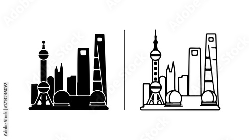 Shanghai city skyline silhouette and line art icon set.