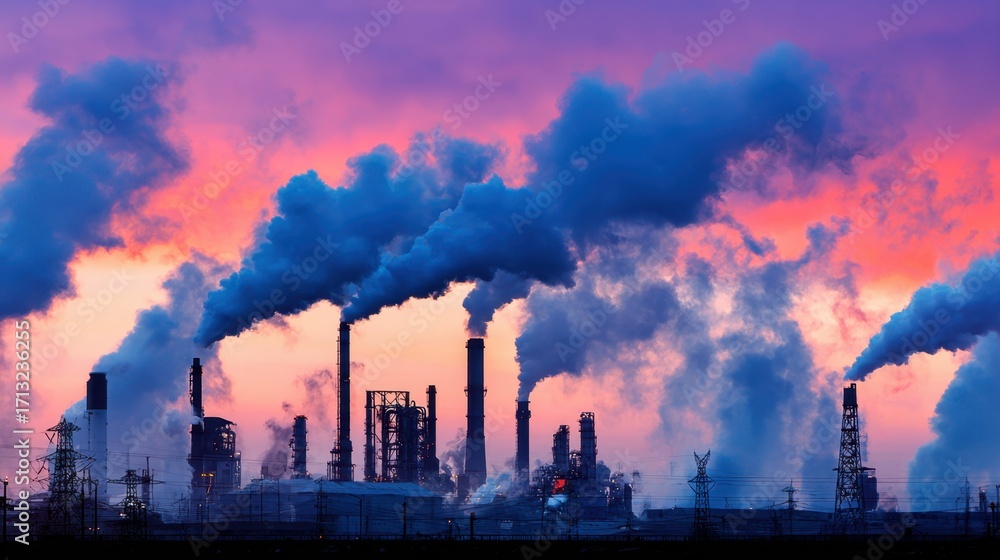 Obraz premium Dramatic Sunset over Industrial Landscape with Emitting Smoke and Pollution Effects in the Sky