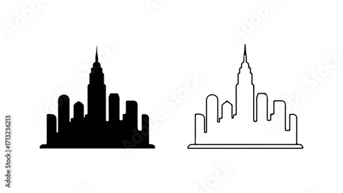 Silhouette of a city skyline with a prominent skyscraper and buildings.
