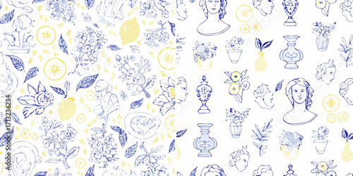 Charming hand drawn seamless pattern with blue line art of antique vases floral elements and classical busts on white background