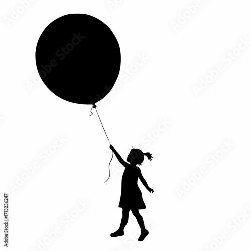 "Vector illustration of a joyful little girl lifted by a large helium balloon, magical fantasy scene, black silhouette on clean white background"little girl, child, silhouette, balloon, helium balloon